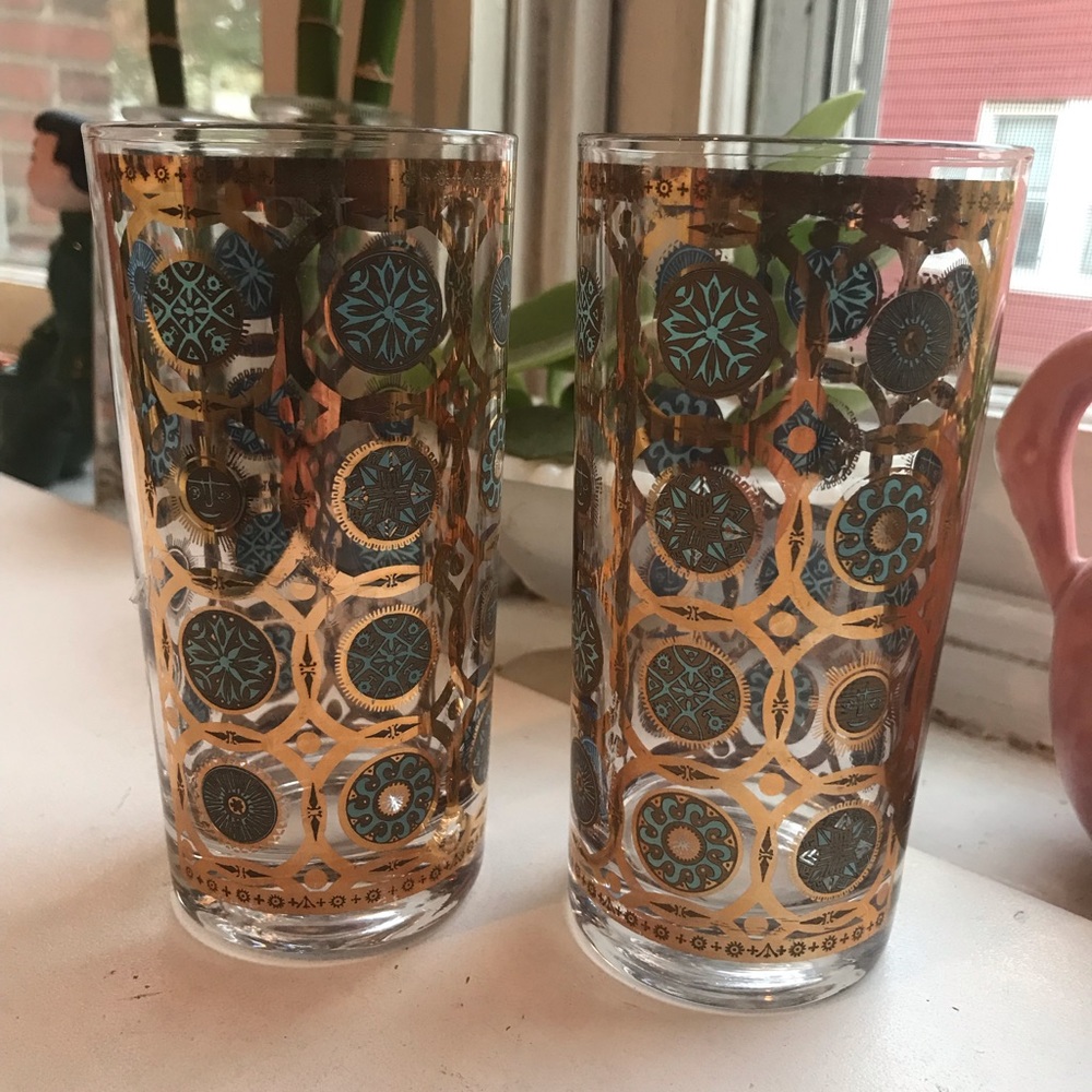Vintage Set of 2 Midcentury Culver Aztec Tumblers - 22ct Gold, Aqua Turquoise